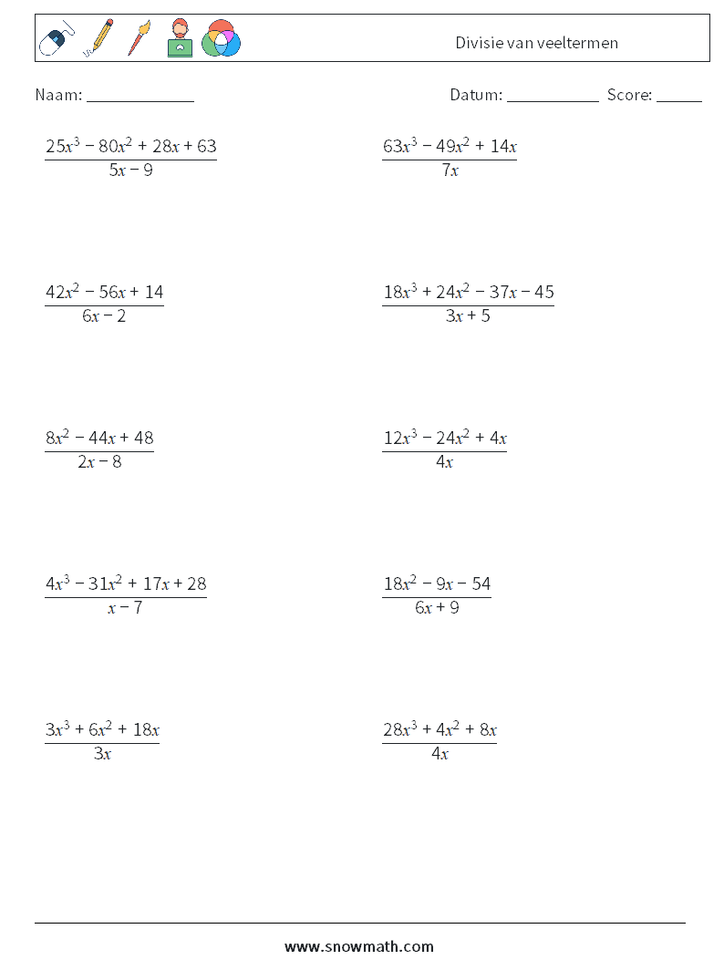 Divisie van veeltermen Wiskundige werkbladen 2