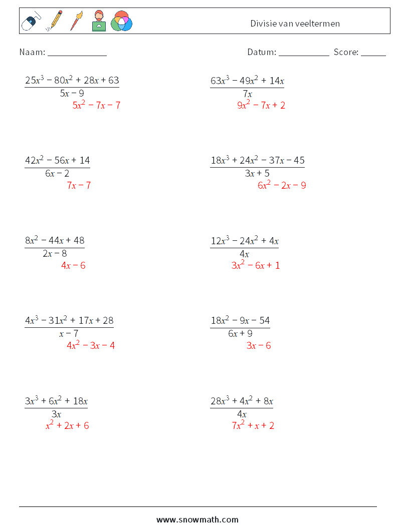 Divisie van veeltermen Wiskundige werkbladen 2 Vraag, Antwoord