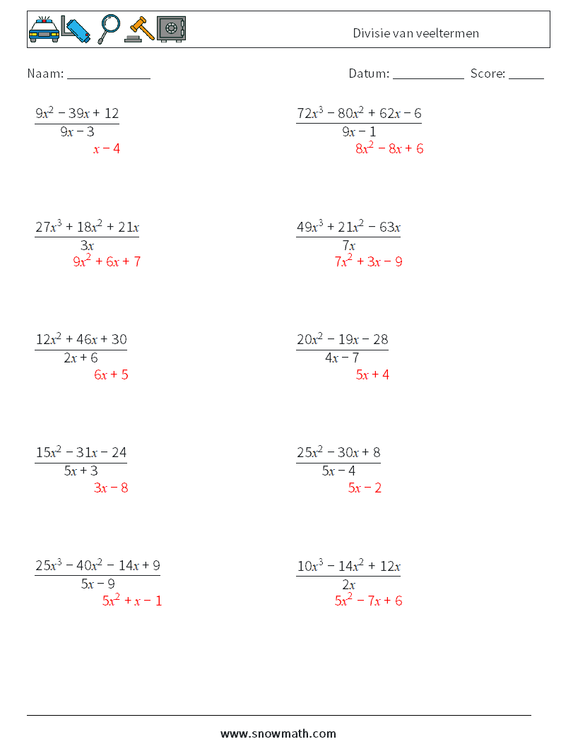 Divisie van veeltermen Wiskundige werkbladen 4 Vraag, Antwoord