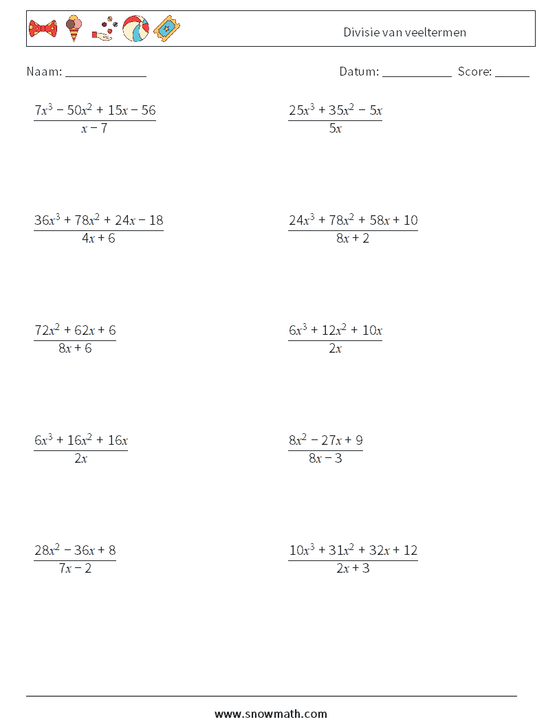 Divisie van veeltermen Wiskundige werkbladen 5