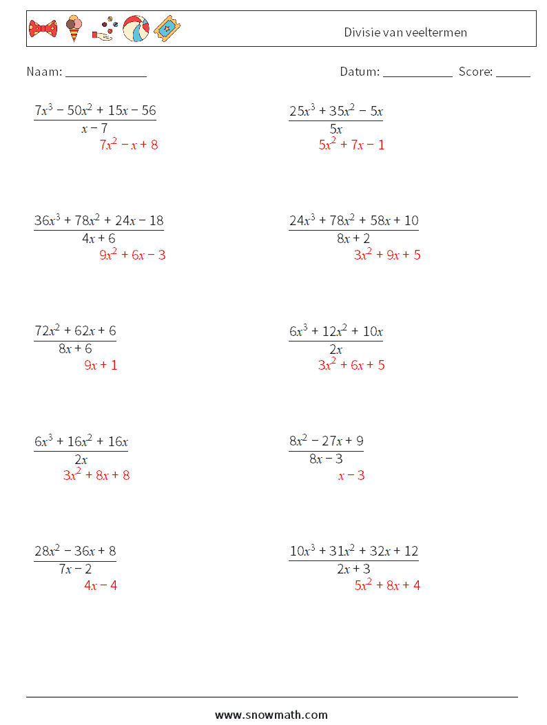 Divisie van veeltermen Wiskundige werkbladen 5 Vraag, Antwoord