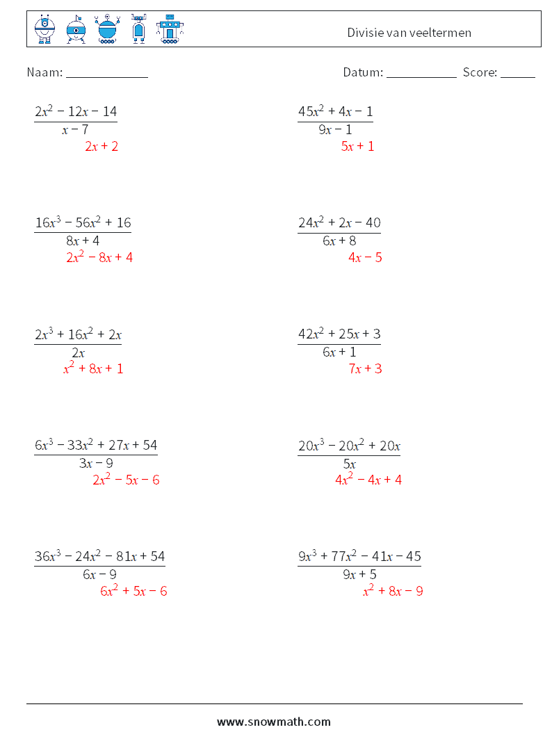 Divisie van veeltermen Wiskundige werkbladen 6 Vraag, Antwoord