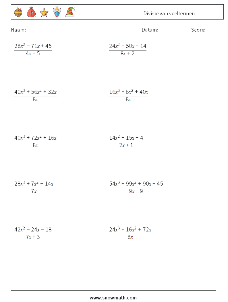 Divisie van veeltermen Wiskundige werkbladen 7