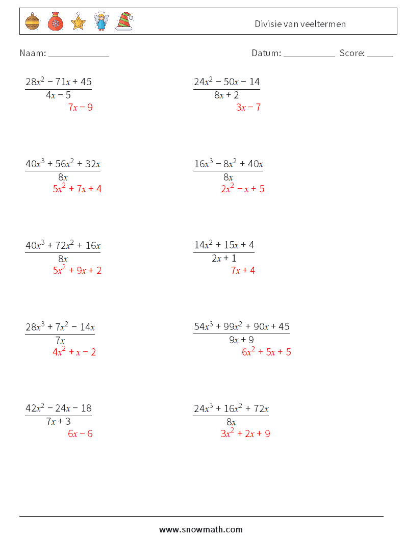 Divisie van veeltermen Wiskundige werkbladen 7 Vraag, Antwoord