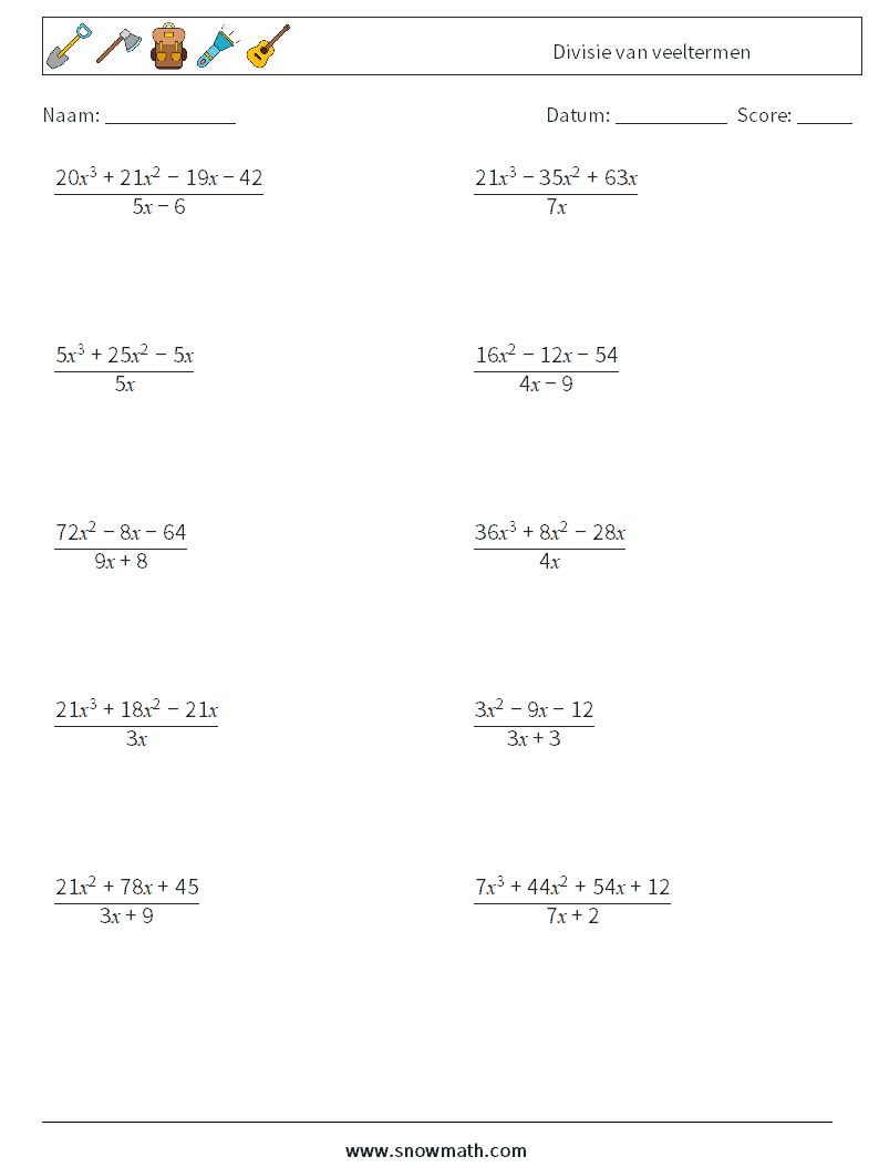 Divisie van veeltermen Wiskundige werkbladen 8