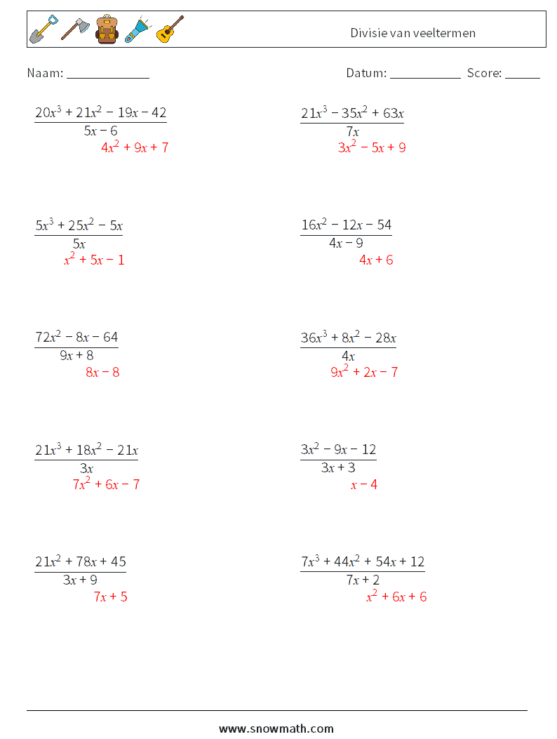 Divisie van veeltermen Wiskundige werkbladen 8 Vraag, Antwoord