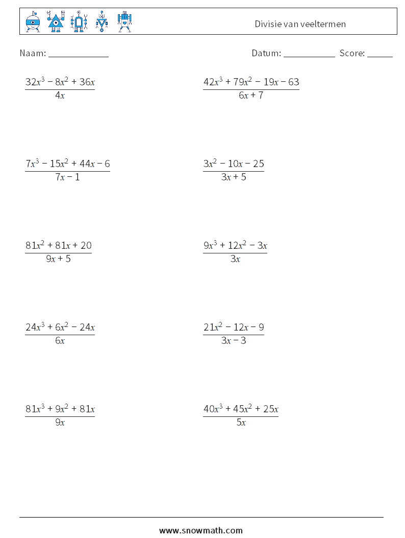 Divisie van veeltermen Wiskundige werkbladen 9
