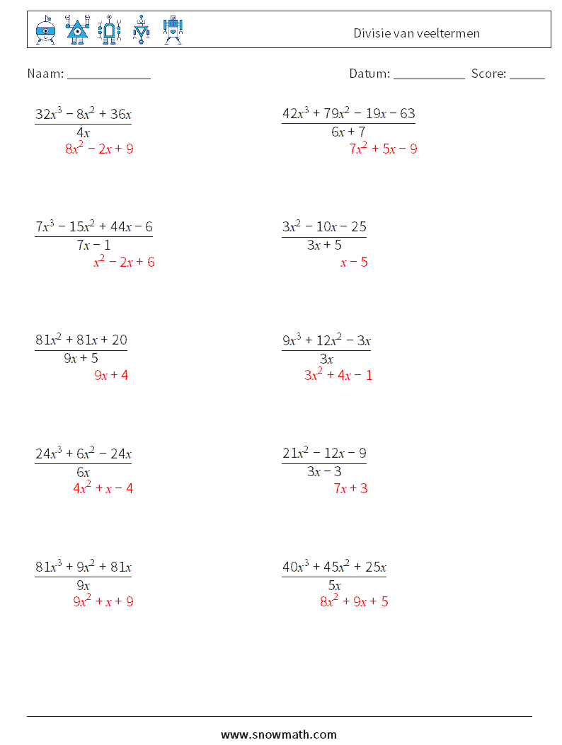 Divisie van veeltermen Wiskundige werkbladen 9 Vraag, Antwoord