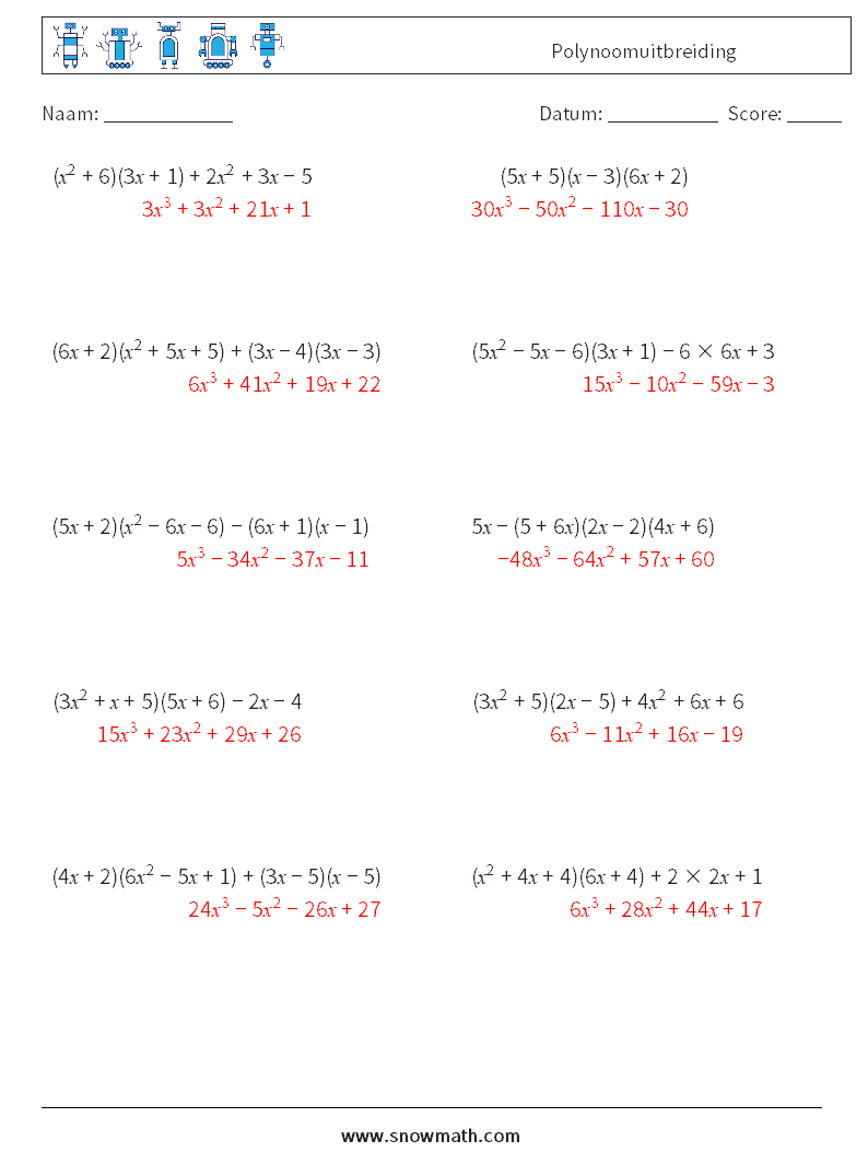 Polynoomuitbreiding Wiskundige werkbladen 1 Vraag, Antwoord