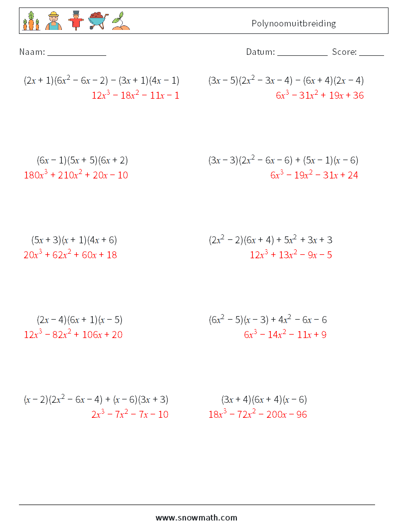 Polynoomuitbreiding Wiskundige werkbladen 2 Vraag, Antwoord