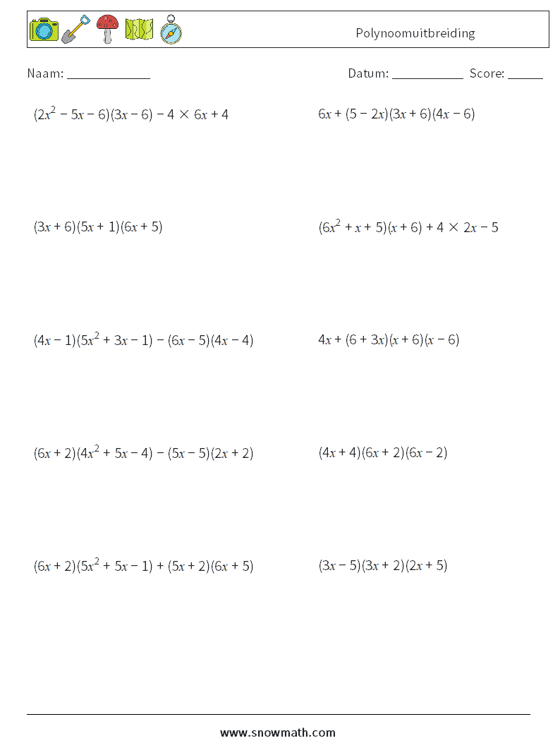 Polynoomuitbreiding Wiskundige werkbladen 3