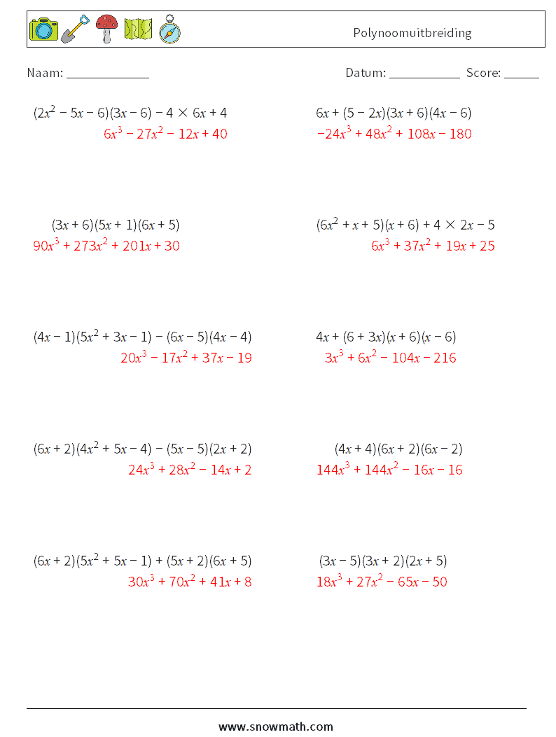 Polynoomuitbreiding Wiskundige werkbladen 3 Vraag, Antwoord