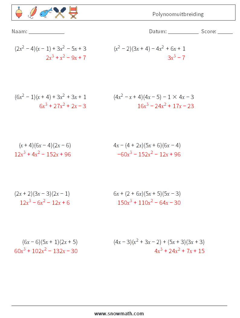 Polynoomuitbreiding Wiskundige werkbladen 4 Vraag, Antwoord
