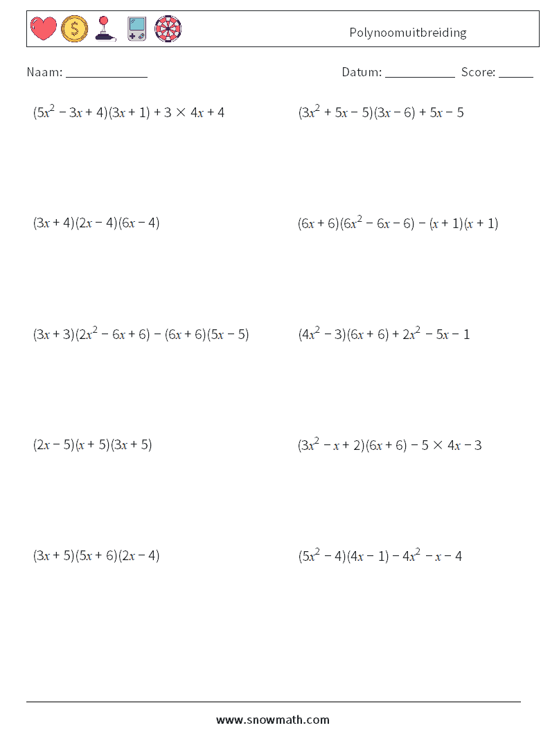 Polynoomuitbreiding Wiskundige werkbladen 5