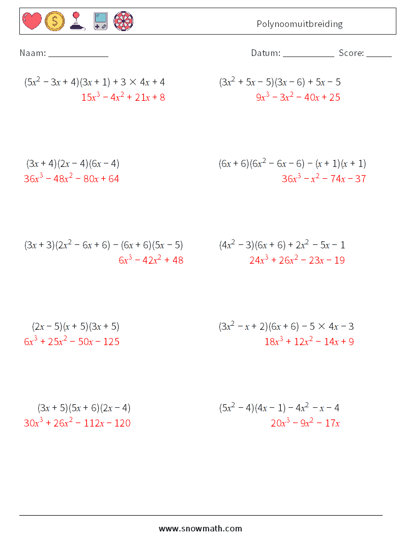 Polynoomuitbreiding Wiskundige werkbladen 5 Vraag, Antwoord