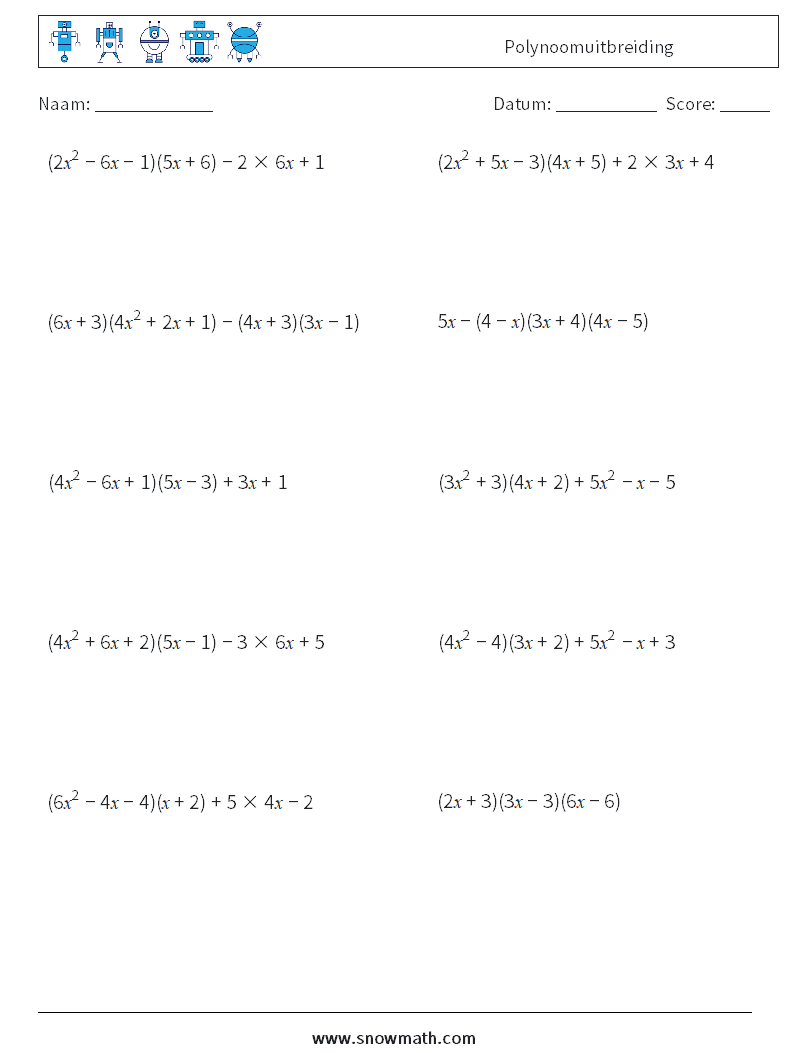 Polynoomuitbreiding Wiskundige werkbladen 6