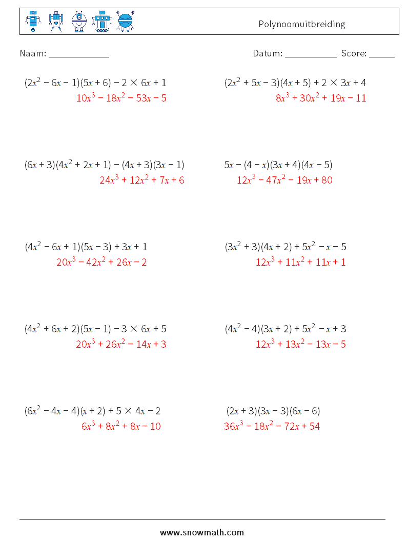 Polynoomuitbreiding Wiskundige werkbladen 6 Vraag, Antwoord