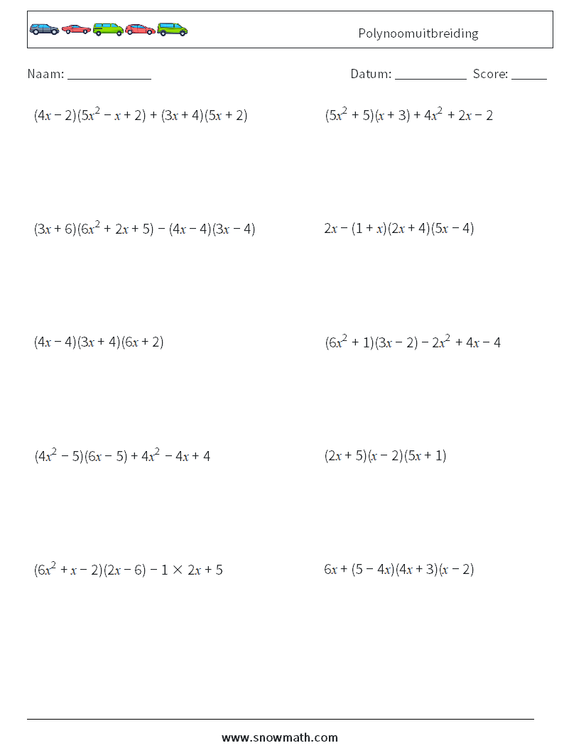Polynoomuitbreiding Wiskundige werkbladen 7