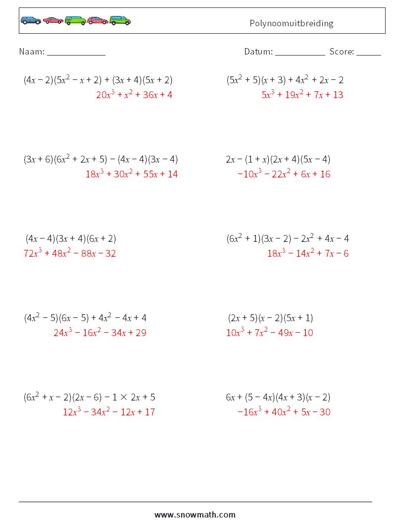 Polynoomuitbreiding Wiskundige werkbladen 7 Vraag, Antwoord