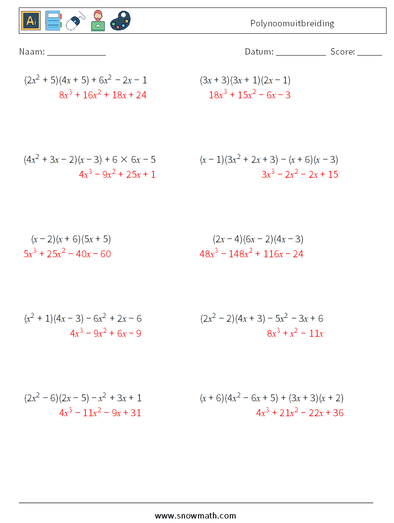 Polynoomuitbreiding Wiskundige werkbladen 8 Vraag, Antwoord