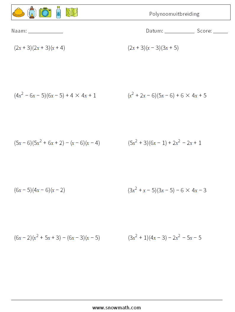 Polynoomuitbreiding Wiskundige werkbladen 9