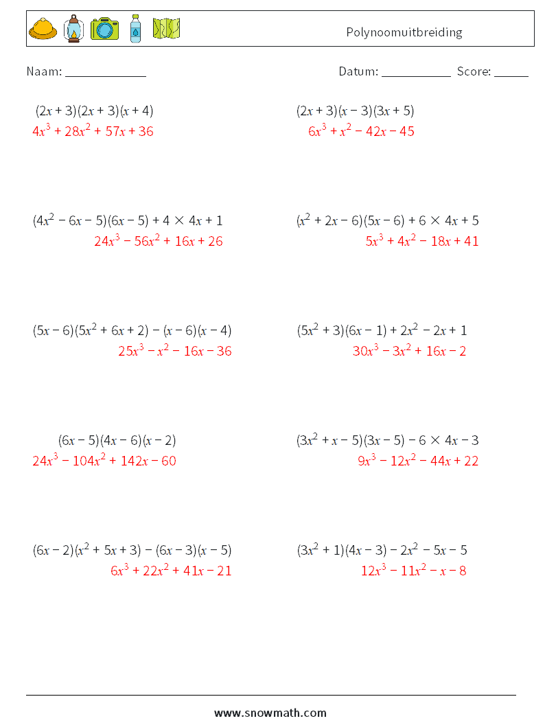 Polynoomuitbreiding Wiskundige werkbladen 9 Vraag, Antwoord