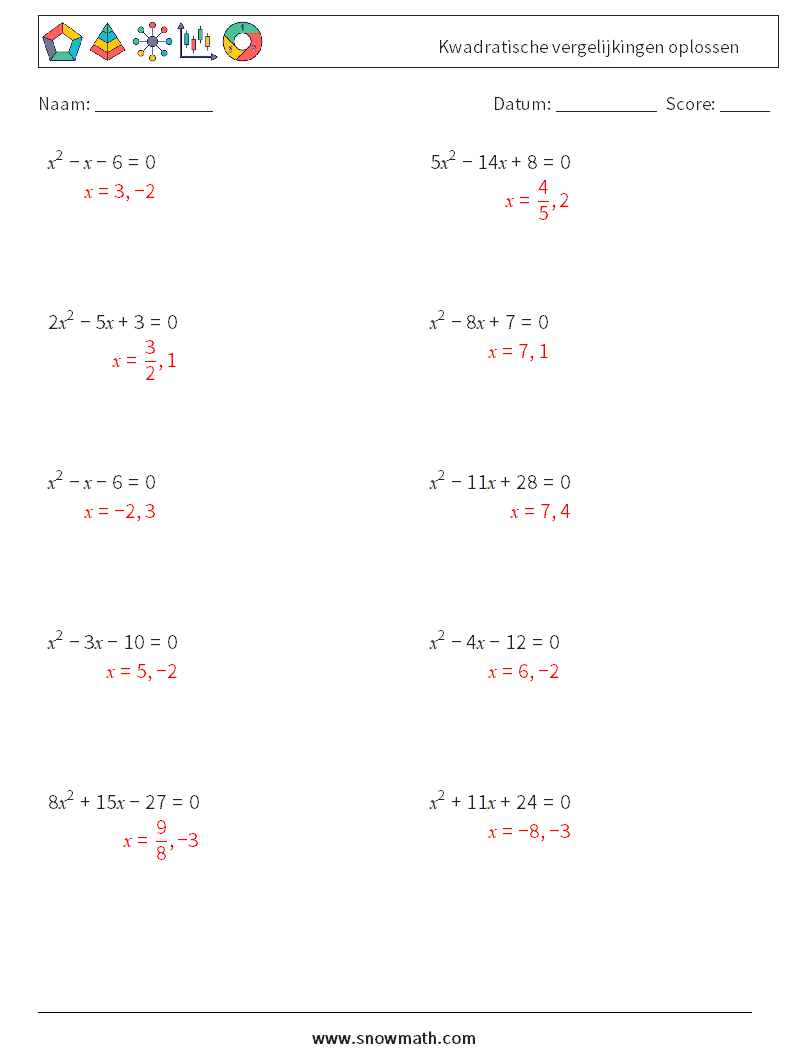 Kwadratische vergelijkingen oplossen Wiskundige werkbladen 1 Vraag, Antwoord