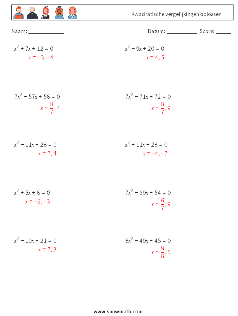 Kwadratische vergelijkingen oplossen Wiskundige werkbladen 2 Vraag, Antwoord