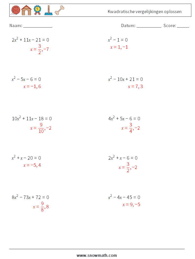 Kwadratische vergelijkingen oplossen Wiskundige werkbladen 3 Vraag, Antwoord