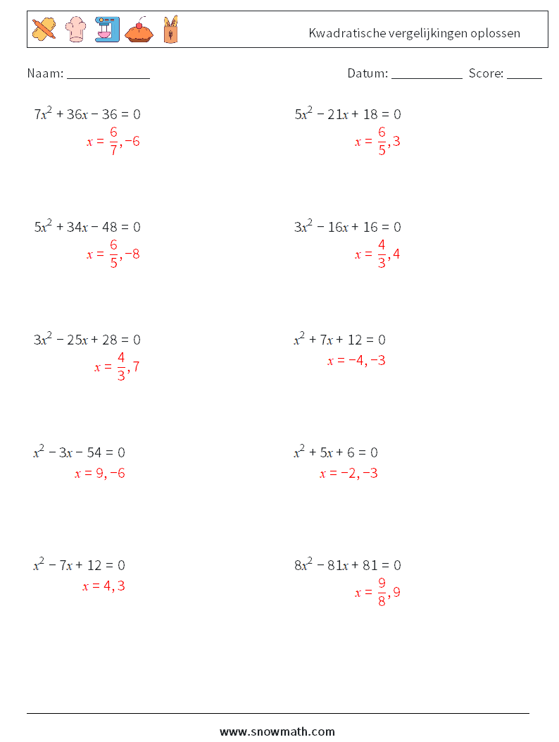 Kwadratische vergelijkingen oplossen Wiskundige werkbladen 4 Vraag, Antwoord