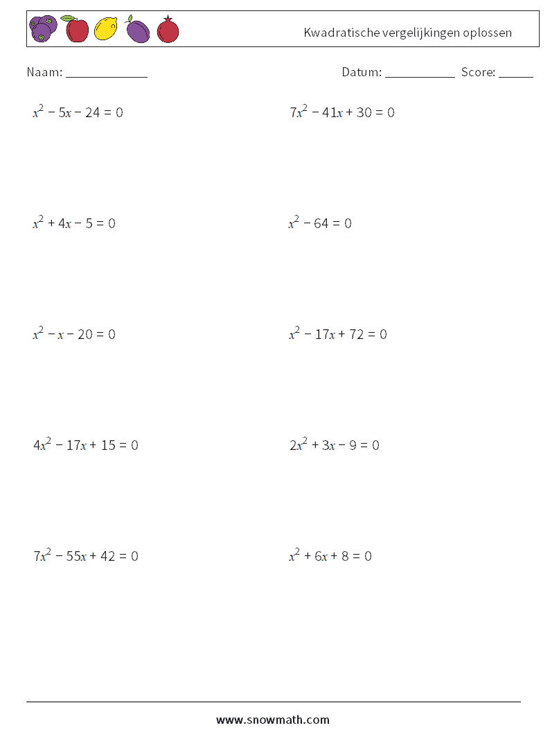 Kwadratische vergelijkingen oplossen Wiskundige werkbladen 5