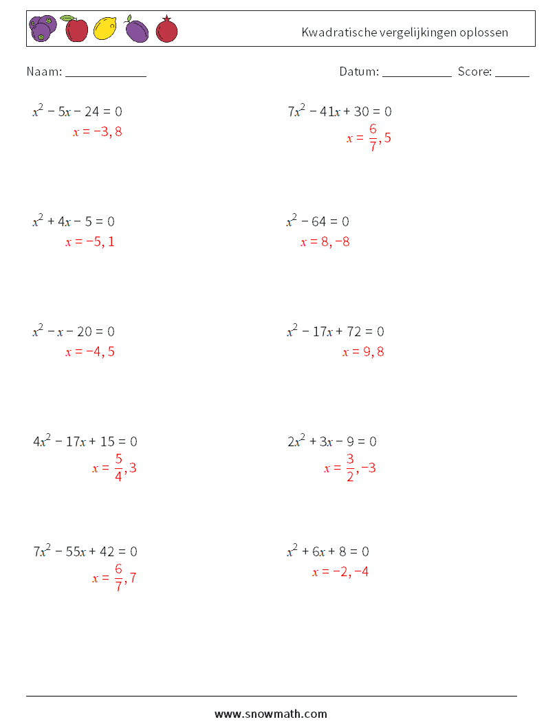 Kwadratische vergelijkingen oplossen Wiskundige werkbladen 5 Vraag, Antwoord