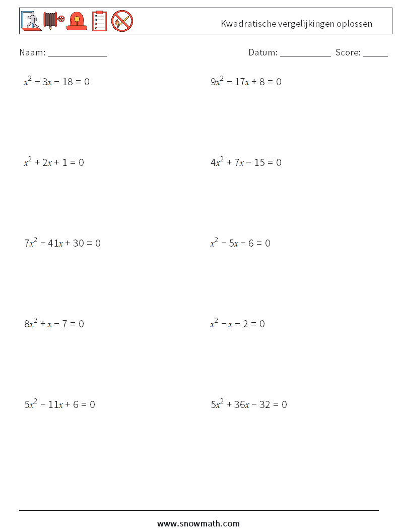 Kwadratische vergelijkingen oplossen Wiskundige werkbladen 6