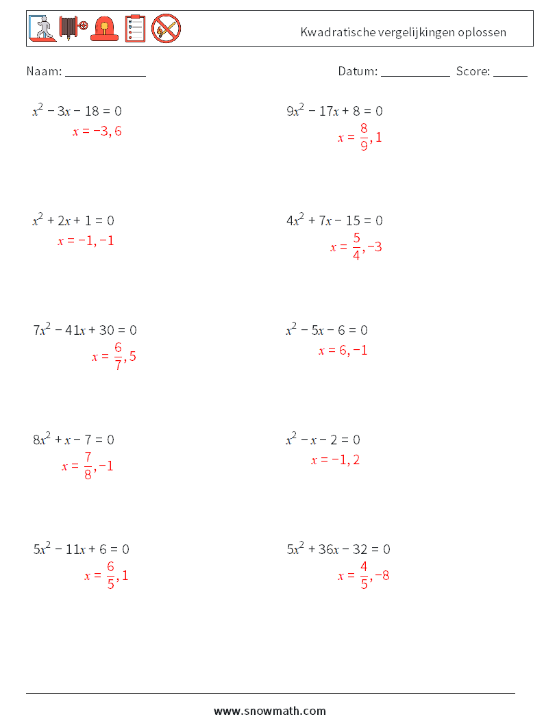 Kwadratische vergelijkingen oplossen Wiskundige werkbladen 6 Vraag, Antwoord