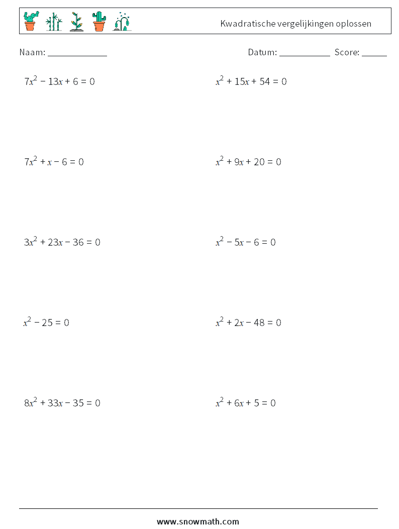 Kwadratische vergelijkingen oplossen Wiskundige werkbladen 7