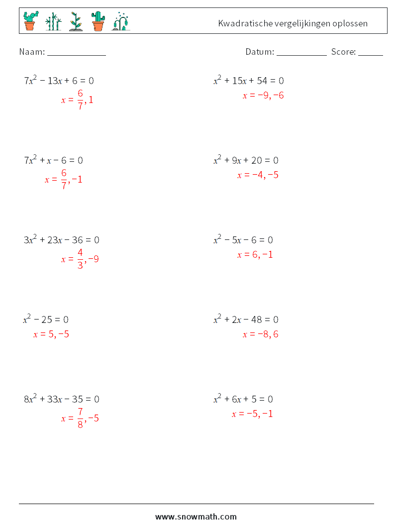 Kwadratische vergelijkingen oplossen Wiskundige werkbladen 7 Vraag, Antwoord