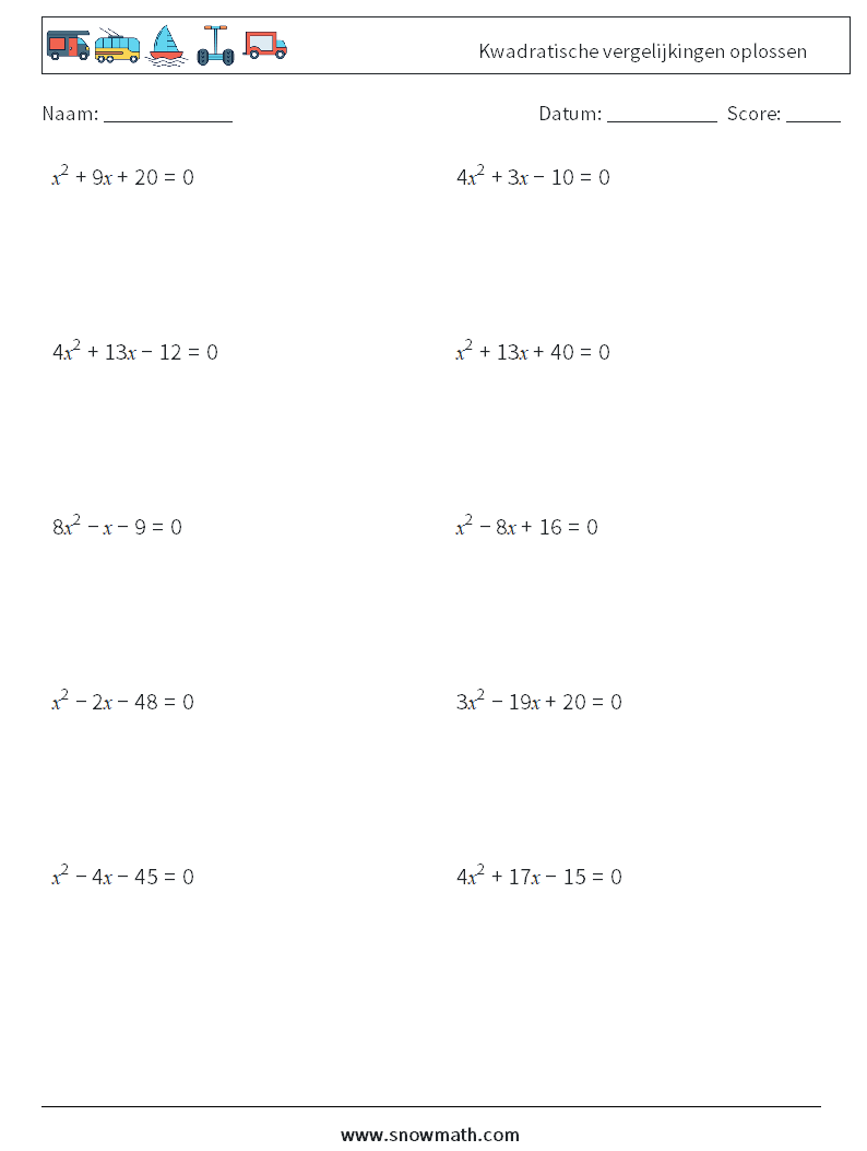 Kwadratische vergelijkingen oplossen Wiskundige werkbladen 8