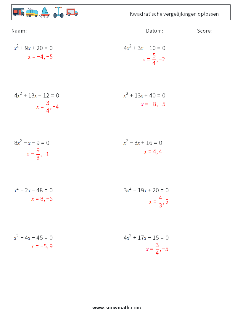 Kwadratische vergelijkingen oplossen Wiskundige werkbladen 8 Vraag, Antwoord