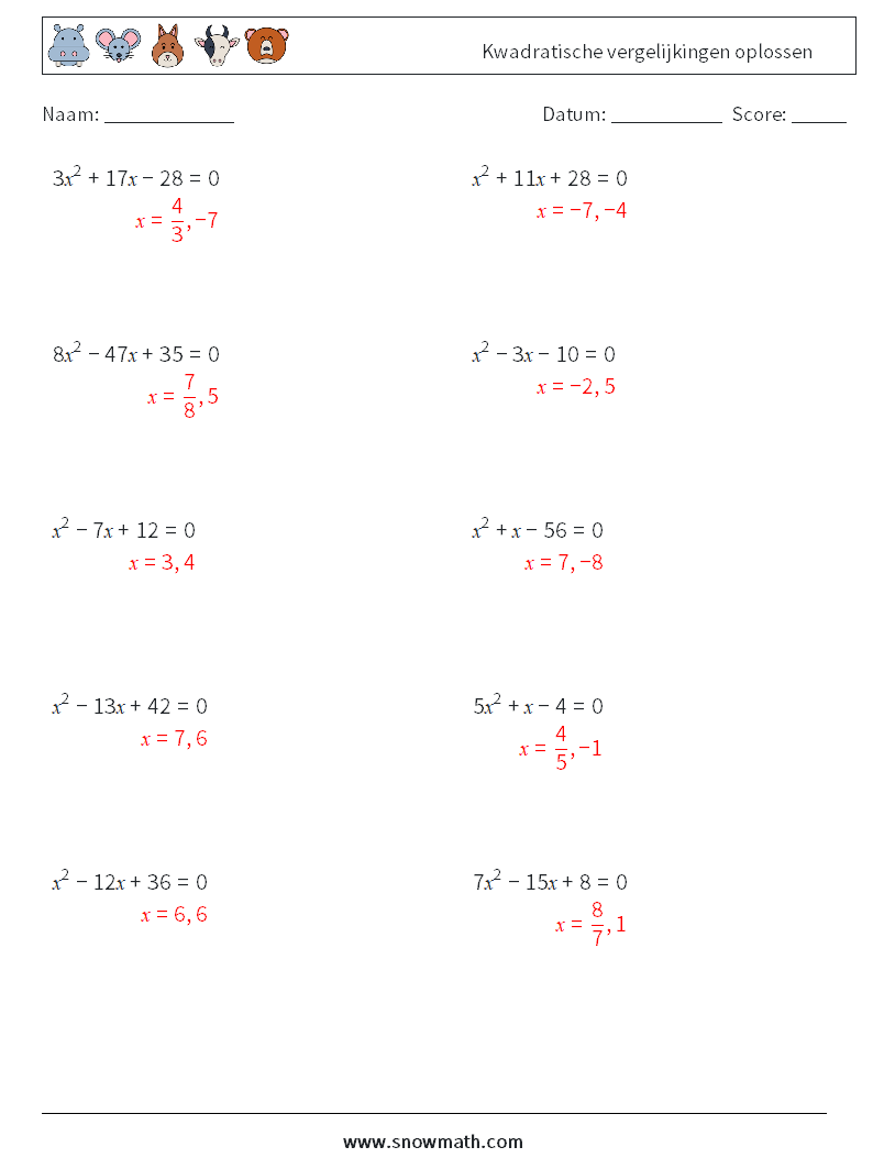 Kwadratische vergelijkingen oplossen Wiskundige werkbladen 9 Vraag, Antwoord