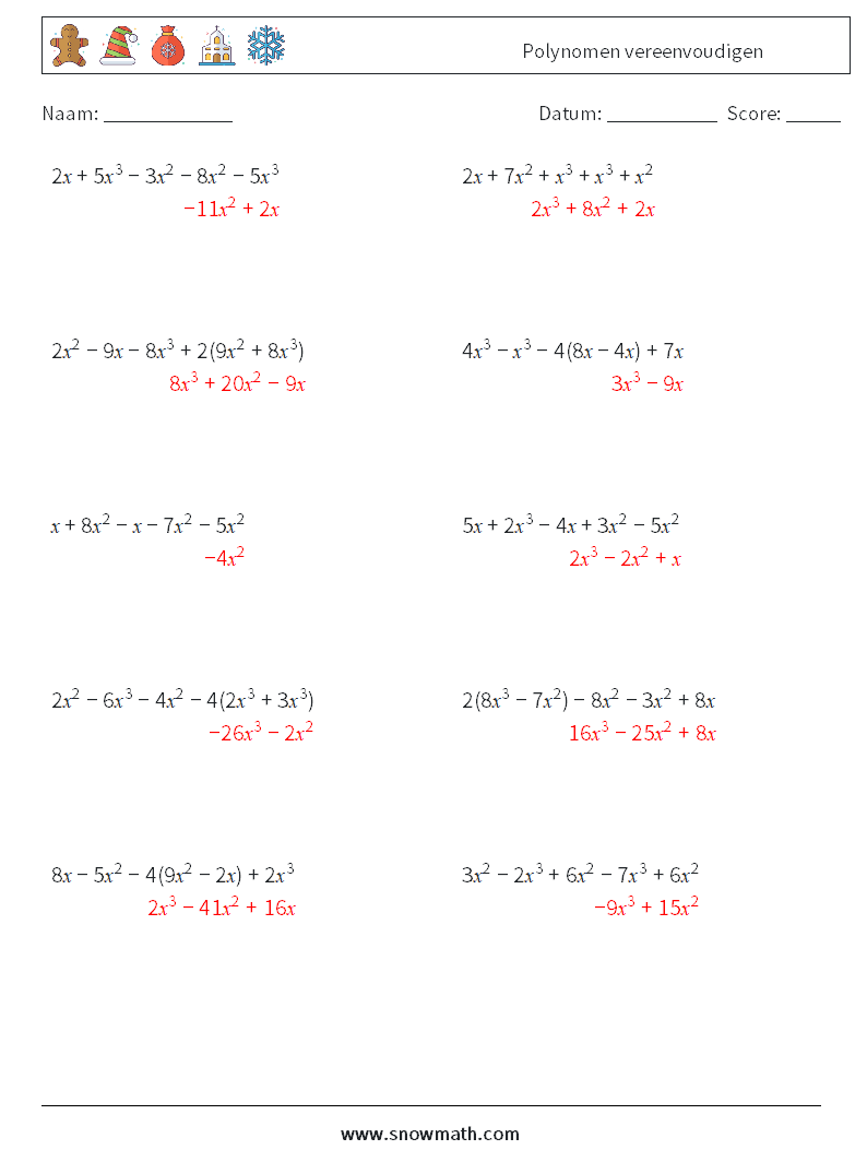 Polynomen vereenvoudigen Wiskundige werkbladen 1 Vraag, Antwoord