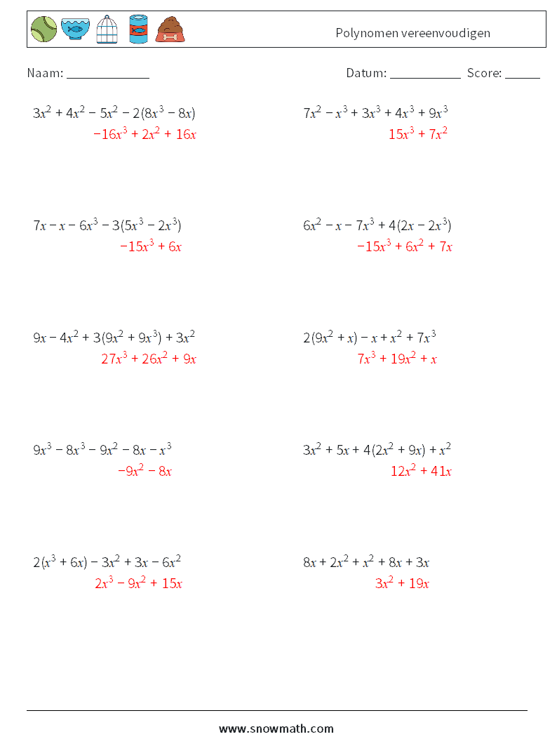Polynomen vereenvoudigen Wiskundige werkbladen 2 Vraag, Antwoord