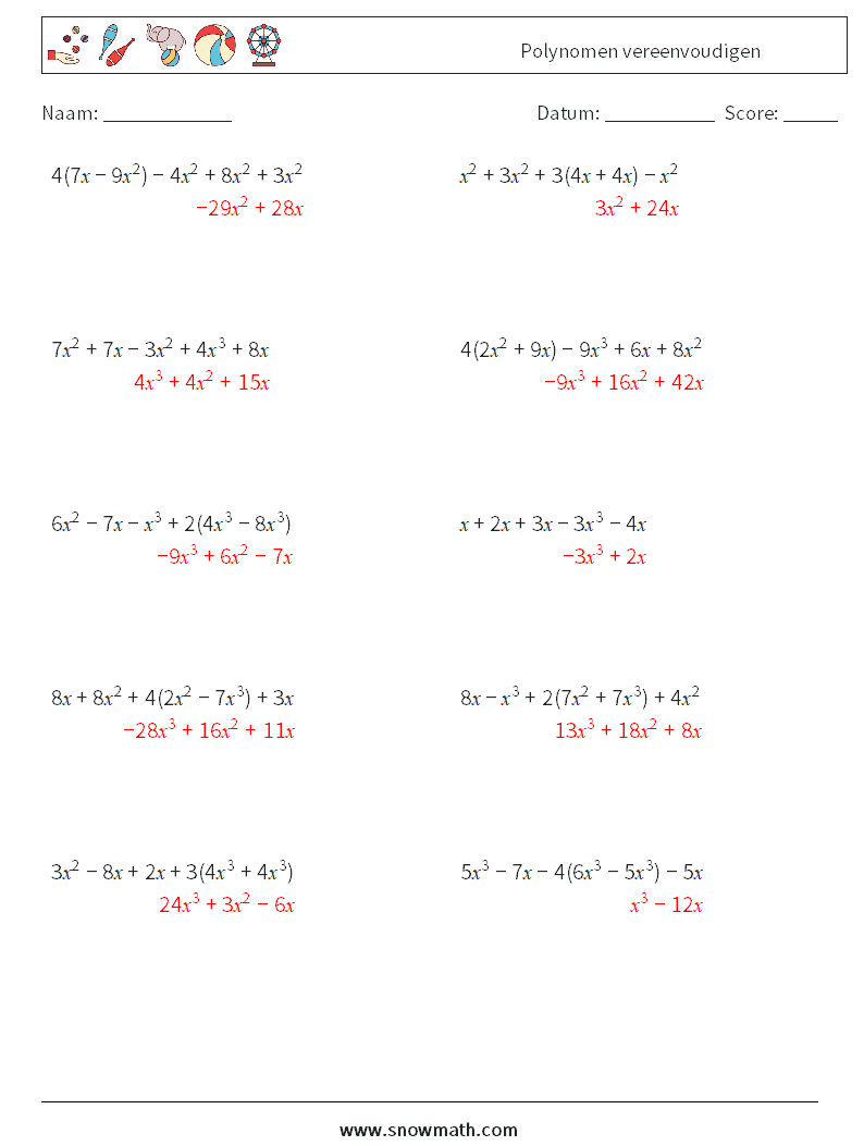 Polynomen vereenvoudigen Wiskundige werkbladen 3 Vraag, Antwoord
