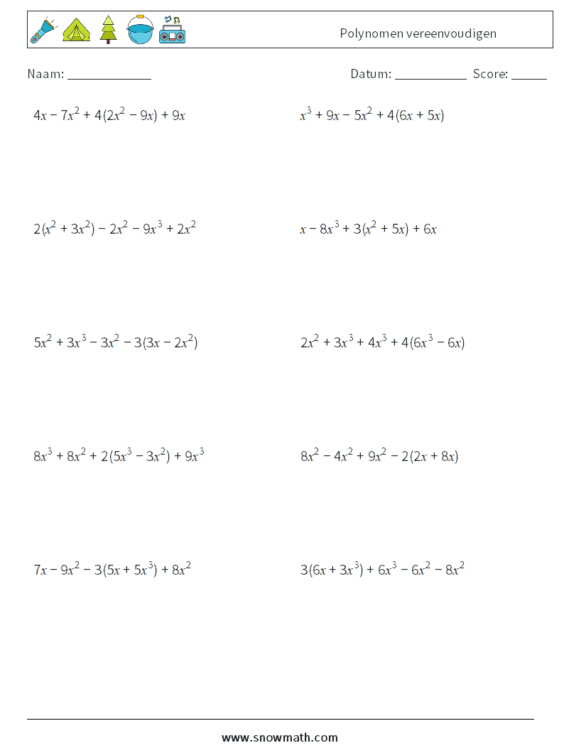 Polynomen vereenvoudigen Wiskundige werkbladen 4