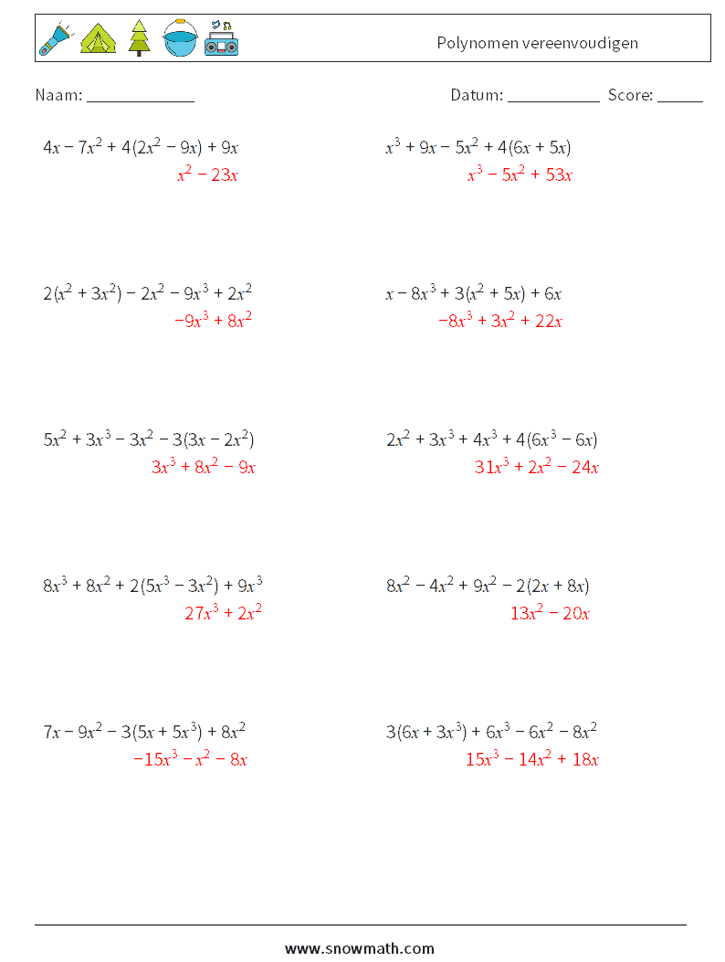 Polynomen vereenvoudigen Wiskundige werkbladen 4 Vraag, Antwoord