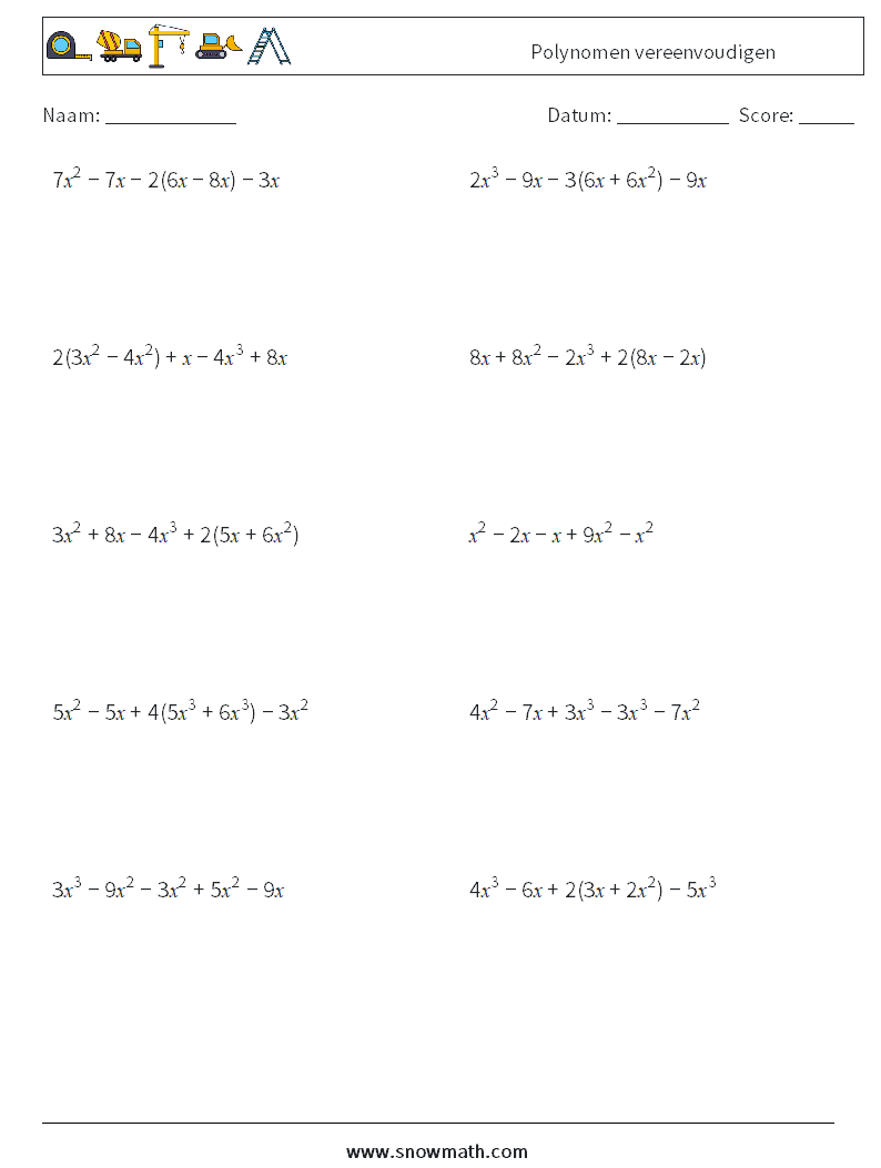 Polynomen vereenvoudigen Wiskundige werkbladen 6