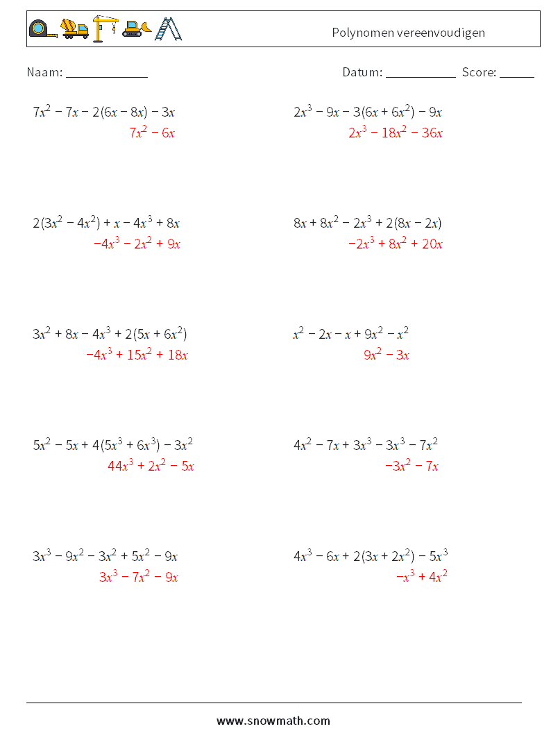 Polynomen vereenvoudigen Wiskundige werkbladen 6 Vraag, Antwoord