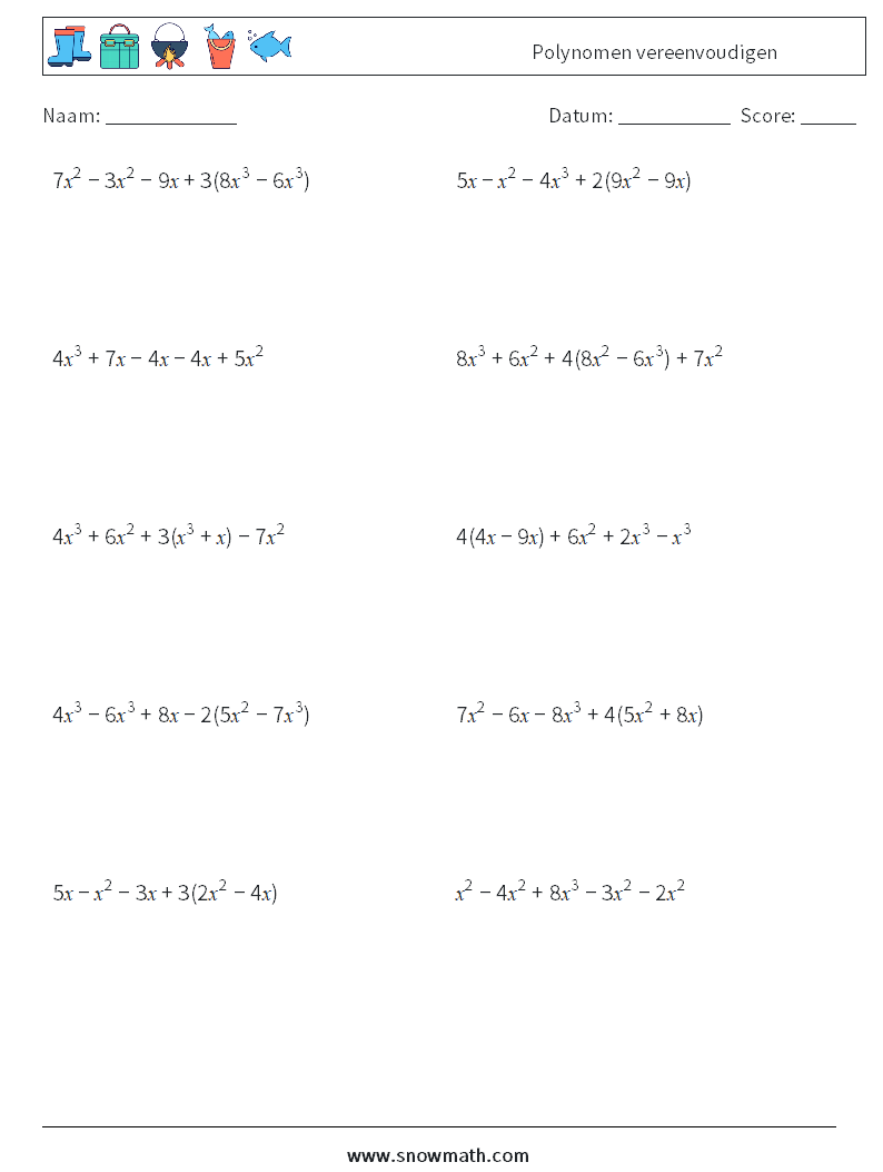 Polynomen vereenvoudigen Wiskundige werkbladen 7