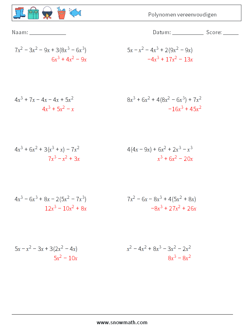 Polynomen vereenvoudigen Wiskundige werkbladen 7 Vraag, Antwoord