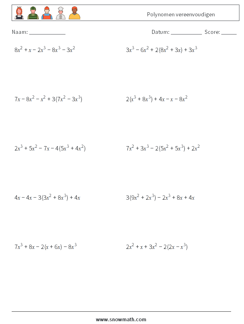 Polynomen vereenvoudigen Wiskundige werkbladen 8