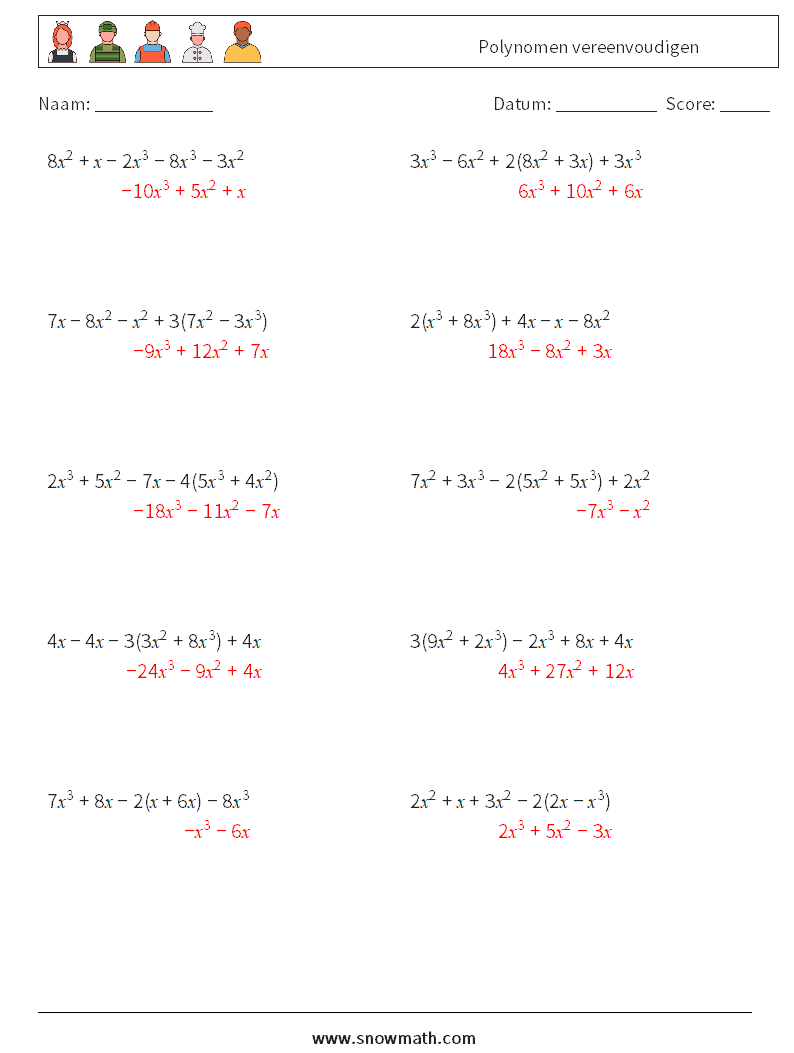 Polynomen vereenvoudigen Wiskundige werkbladen 8 Vraag, Antwoord